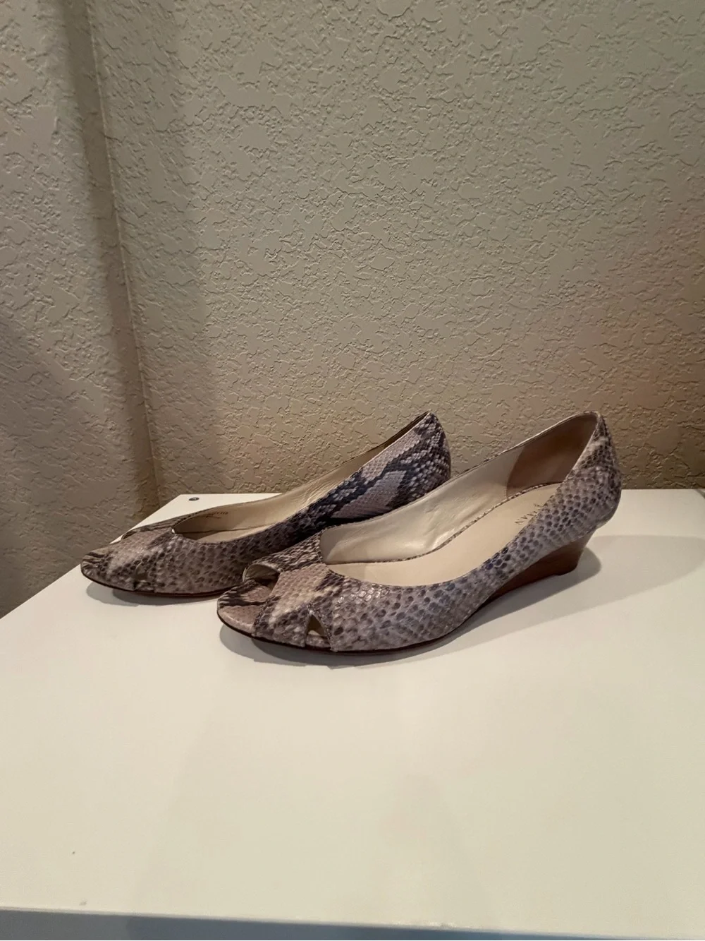 Cole Haan Snake-Print Peep Toe Wedges in Gray and Cream Tones